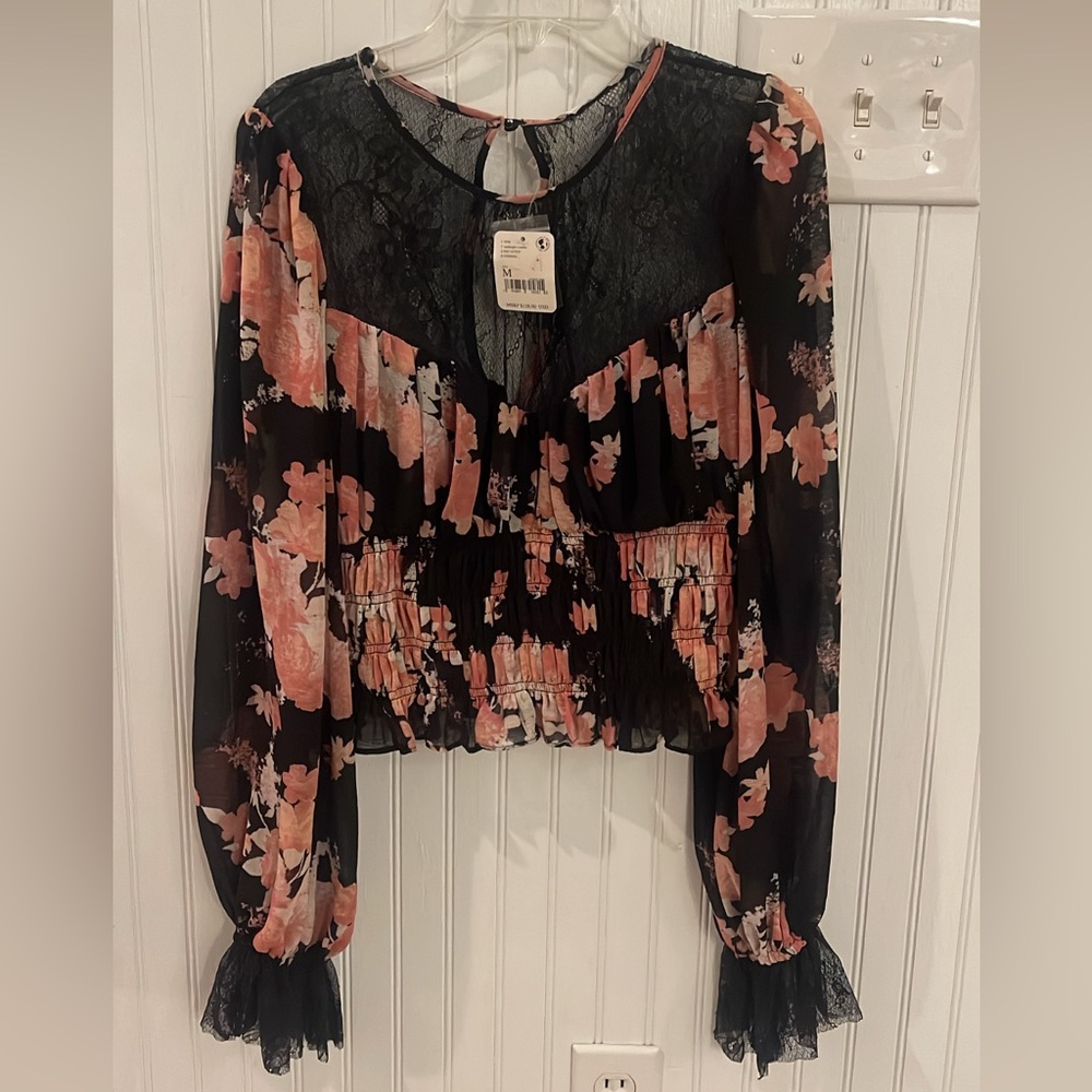 Free People Black and Pink Floral Lace Top